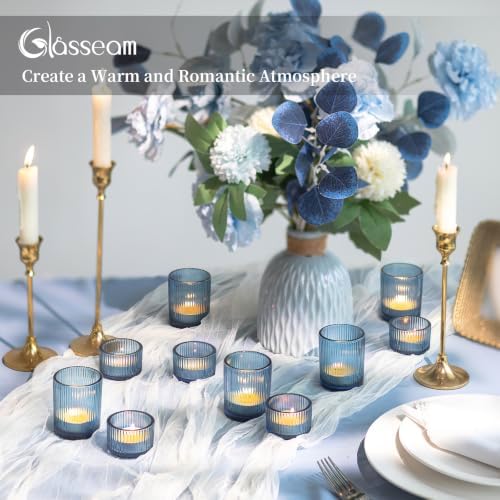 Glasseam Glass Votive Candle Holders Bulk 24Pcs Ribbed Blue Tealight Decor - Image 2