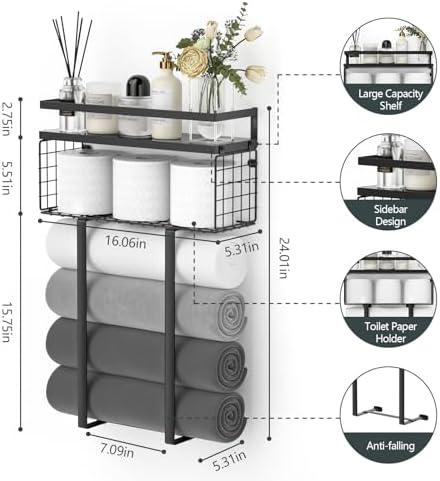 Xstydes Towel Racks for Bathroom, Metal Towel Holder with Storage Basket,Wall Towel Rack for Rolled Towels, Towel Storage for Small Bathroom,Black - Image 3
