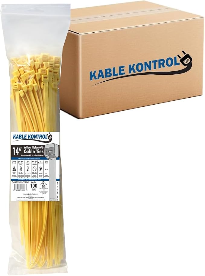 Kable Kontrol Yellow Zip Ties Bulk Pack 14 Inch 3500 Pcs, 120 Lbs Tensile Strength, Self-locking Nylon Colored Cable Ties Wire Wraps for Indoor or Outdoor Use