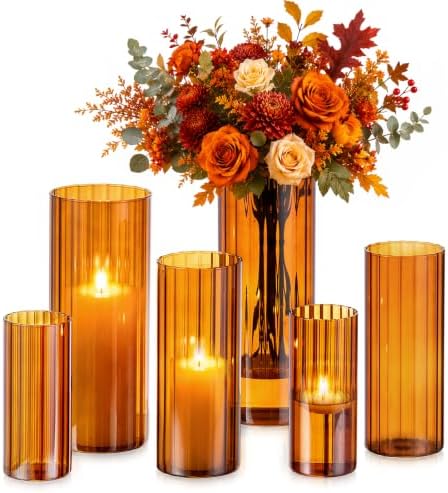 Glasseam Hurricane Glass Candle Holders, 6 Pcs Amber Ribbed Flower Vase Set by Glasseam