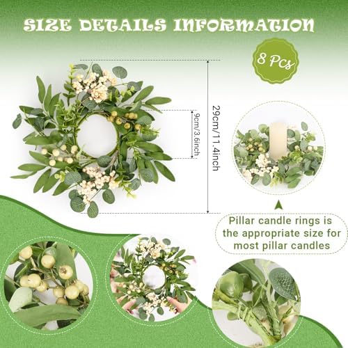 8 Pcs Green Eucalyptus Candle Rings Wreaths Spring Summer Kitchen Cabinet Wreaths Mini Green Berry Leaves Candle Wreath for Pillars Farmhouse Festival Wedding Celebrations Tabletop Decoration - Image 3