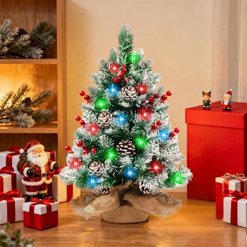 Pre-lit Mini Christmas Tree 20 Inch Small Tabletop Xmas Tree with 30 LED String Lights Locking Snow Frost Tips Berries Wood Base Ornaments Tabletop Artificial Pine Tree for Christmas Decoration - Image 3
