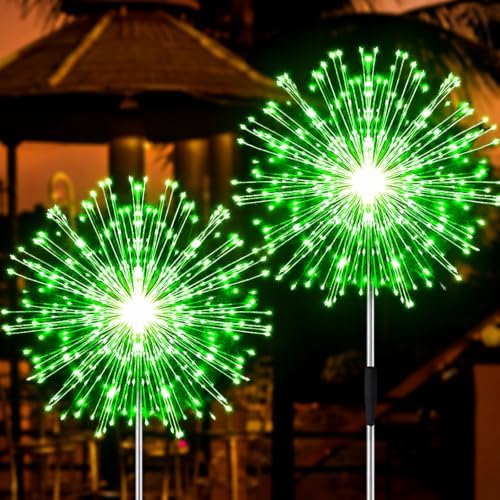 Solar Firework Lights, 2 Pack 120 LEDs 2 Lighting Modes Solar Garden Lights Outdoor Waterproof for Yard Patio Walkway Pathway Party Wedding Christmas Decorative - Green by JJGoo