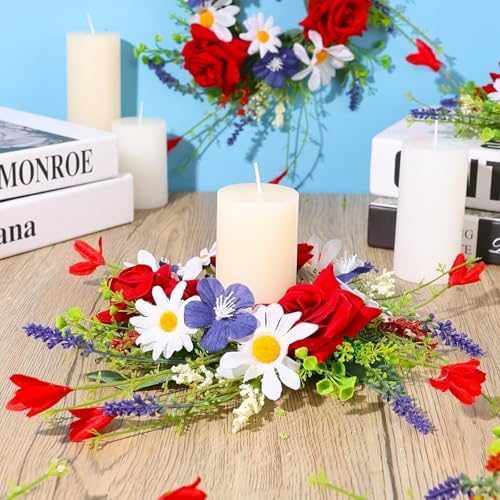 6 Pcs Patriotic Candle Ring Red, White and Blue Floral Veterans Day Wreath for Cabinets Mini Patriotic American Wreath 4th of July Independence Day Rings Wreaths for Pillars Table Window Door Decor - Image 4