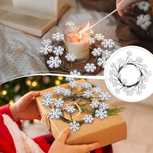 Daifunli 2 Pcs Winter Candle Rings Snowflake Wreath Glitter Vintage Wood Wreaths for Pillar 3.9 Inch Frosty Candles Holder for Winter Christmas Xmas Wedding Home Rustic Table Centerpiece Decor - Image 5