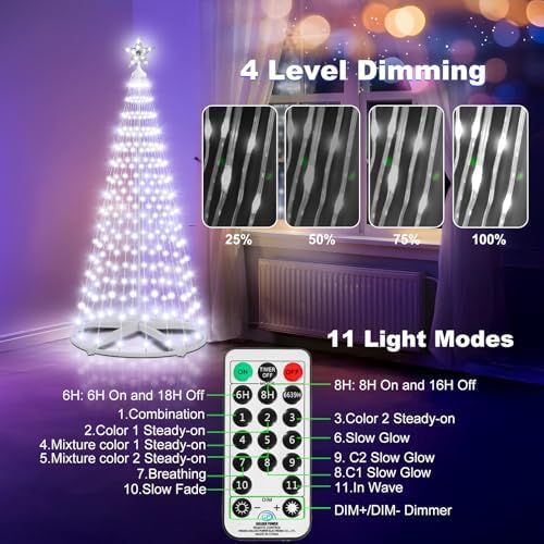 6ft Outdoor Christmas Cone Tree Lights with 252 LEDs & Star Topper, Remote Control, 11 Modes, Dimmable, IP65 Waterproof, Timer for Indoor Outside Yard Holiday Decoration - Image 4