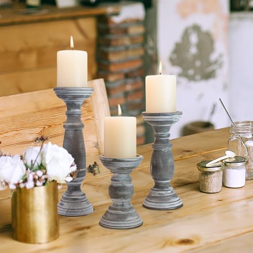 BANOMII Rustic Wooden Pillar Candle Holders Set of 3, 12'' 9'' 6'' Farmhouse Wood Candle Stand for Table Centerpieces, Vintage Tall Candleholders Fireplace Mantel Decor for Living Room, Grey - Image 6