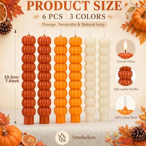 6 Pcs Pumpkin Taper Candles Fall Halloween Smokeless Tapered Candles 7.16'' - Image 2