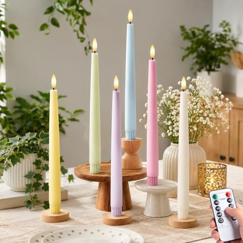 Mixed Pastel Flameless Taper Candles - 9.6" Real Wax Led Candlesticks, 6Pc by ARIKJ