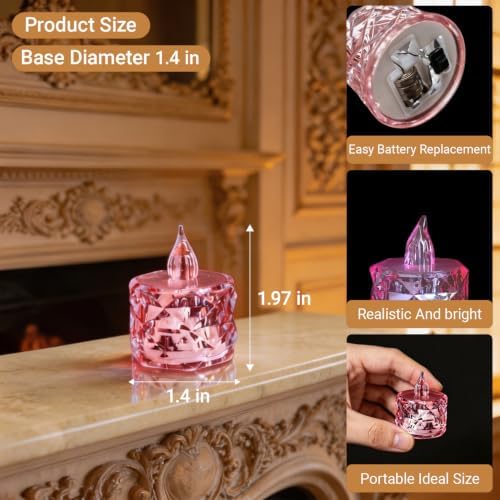 12pcs Flameless Candle Battery Operatted, Pink, Led Crystal Candle Lights, 100+Hours Fake Electeic Tealight Candles for Votive Valentines Anniversary Wedding Christmas Table Decorations - Image 3