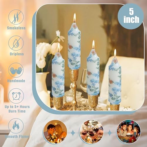 5 inch Short Candle Blue Floral Candle Sticks Printed Candlestick Handmade Unscented Taper Candle 4 Pack Blue Flower Tapered Candles for Home Dinner Wedding Holiday - Image 3