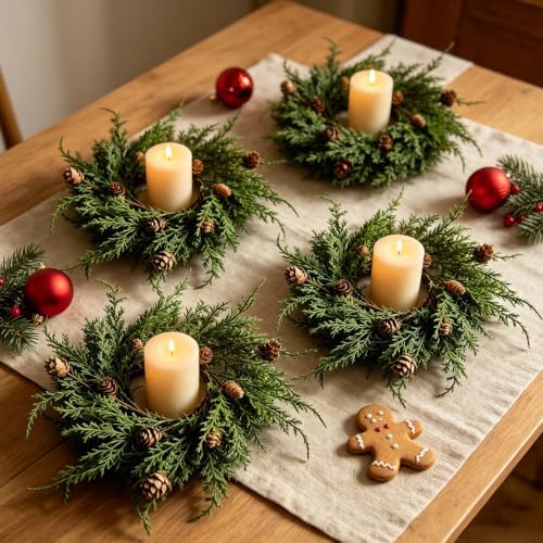 6 PCS Christmas Candle Rings Wreaths Mini Cedar Pine Candle Holder Rings - Image 4