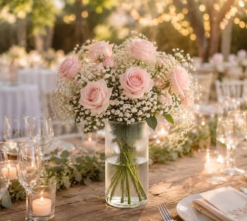 8 Inch Clear Glass Ribbed Cylinder Vases for Centerpieces, Pack of 3 - Image 2