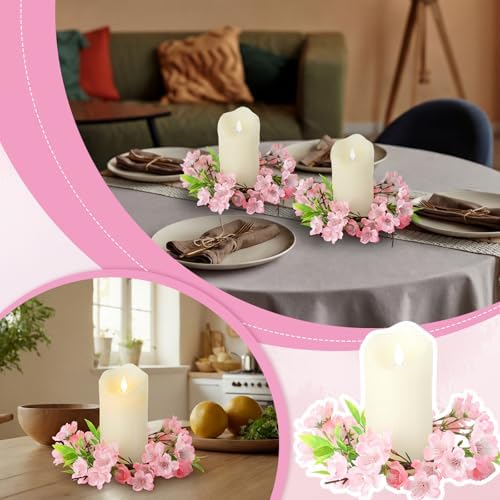 Daifunli 2 Pcs Spring Cherry Blossom Candle Ring Artificial Cherry Blossom Wreaths for Pillar 3.9 Inch Candles Holder for Spring Country Wedding Kitchen Rustic Table Centerpiece Decor - Image 3