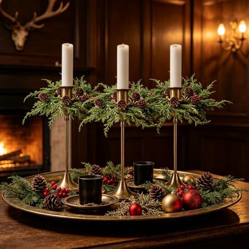 4 PCS 1.38" Mini Christmas Cedar Taper Candle Rings Holder Wreaths - Image 2