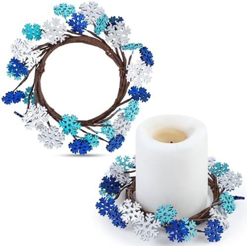 Daifunli 2 Pcs Winter Blue Snowflake Candle Rings Snowflake Wreath Glitter Vintage Wood Wreaths for Pillar 3.9 Inch Candles Holder for Winter Christmas Rustic Table Centerpiece Decor by Huiinen