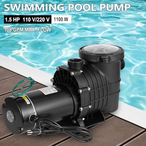Pool Pump 1.5 HP, Dual Voltage 110/220 V Swimming Pool Pump 6500 GPH in/Above Ground Pool Pumps 1100 W Powerful Self Priming Pump for Residential/Commercial Pools, Spas and Hot Tubs