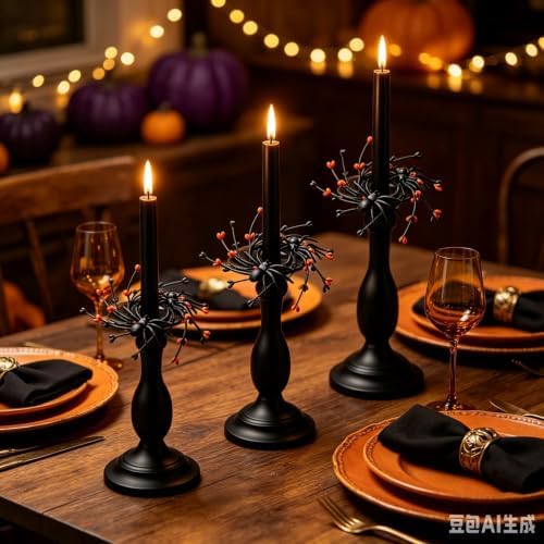 6 Pcs 1.38" Mini Halloween Taper Candle Rings Wreaths Small Artificial with Black Spiders Orange Berries Black Twigs Taper Candle Holder Wreath for Spooky Farmhouse Home Candlesticks Decor - Image 2