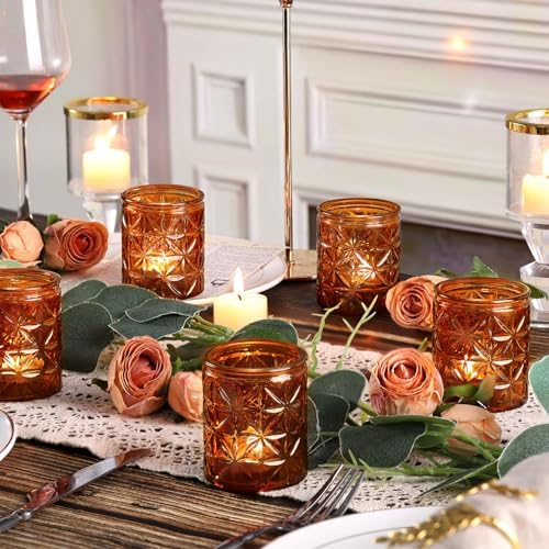 24Pcs Vintage Amber Votive Candle Holders, Amber Glass Tea Lights Candle Holder for Wedding Table Centerpiece,Vintage Boho Party Home Fall Decor,Thanksgiving and Christmas - Image 2