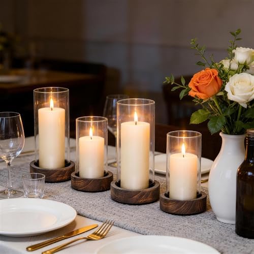 Ronasip Set of 4 Hurricane Candle Holders with Wood Base & Glass Cylinder (4.2x5.9” & 4.6x7.8”) – Rustic Wooden Candle Holders for Home Decor, Weddings, Table Centerpieces - Image 2