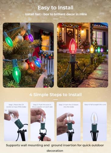 C9 LED Christmas Pathway Lights, 2 Sets Total 51.4 Ft Christmas Path Light with 40 Bulbs and Stakes, Connectable Waterproof String Lights for Walkway Driveway Lawn Outdoor Decorations, Multicolor - Image 7