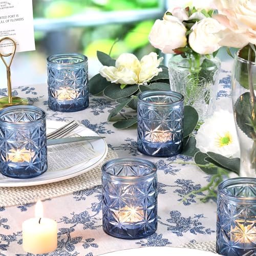 12 Pack Blue Votive Candle Holders, Vintage Blue Candle Holders, Tealight Candle Holder for Wedding Table Centerpieces, Bridal Shower, Home Decor, Birthday, Party Table Decor - Image 3