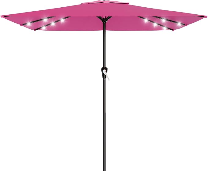 AreShark 8' X 10' Rectangular Patio Umbrella with Solar Lights, Lighted Solar Umbrella with Crank, Outdoor Table Umbrella for Garden, Deck, Backyard, Pool and Beach, Rose Pink