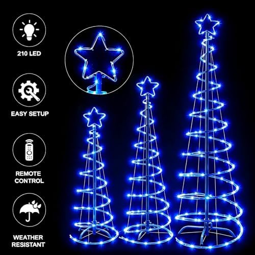 3 Packs Christmas Spiral Tree with Lights, 3/4/5 FT Lighted Xmas Collapsible Tree with Metal Stakes for Indoor & Outdoor, Yard, Porch, Garden Holiday Decor (Blue, 3-4-5 FT) - Image 4