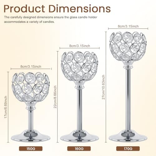 Silver Crystal Candle Holders Candlestick Holders - 2 Sets Tall Bling Bowl Candelabra Centerpieces for Dining Table, Wedding, Party & Fireplace Mantel Decor,6Pcs - Image 2