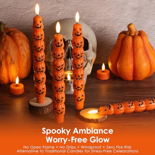 Orange Pumpkin Halloween Flameless Taper Candles with Remote - Image 4