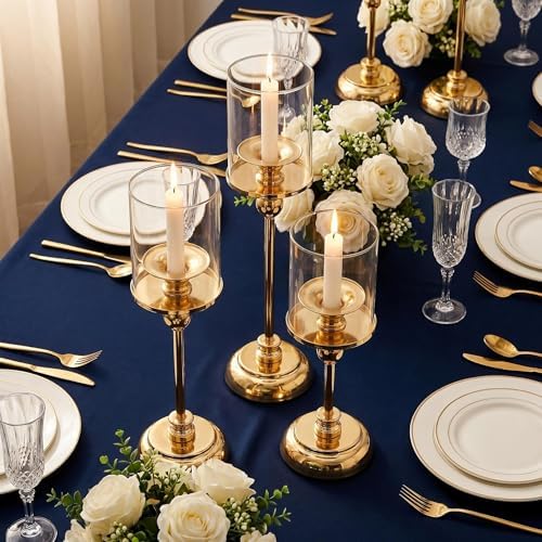 3PCS Gold Hurricane Candle Holders, Glass Hurricane Candlestick Holders for Pillar Candles, Tall Metal Candle Holders with Removable Glass Shade for Wedding Centerpieces, Dining Table Decor - Image 5
