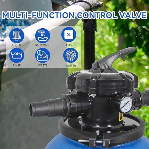 14in Sand Filter Pump, Above Ground Pool with 6-Way Multi-Port Valve | 3/4HP, Max 3169GPH for Pools Up to 12553 GAL, 550W Sand Pump with Pressure Gauge and Strainer Basket, Easy Installation