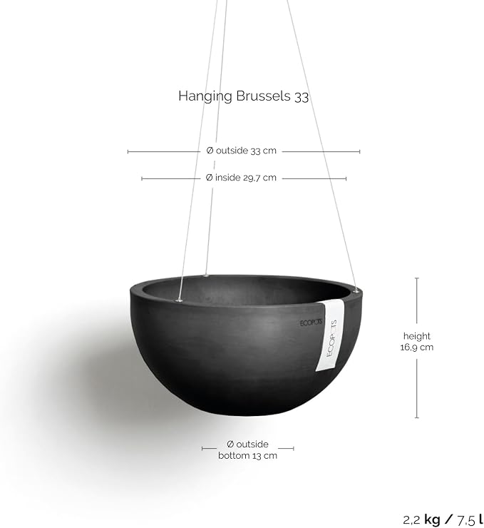 Ecopots Hanging Brussels Durable Modern Round Indoor/Outdoor Recycled-Based Composite Flower Pot Planter, Dark Grey, 13"