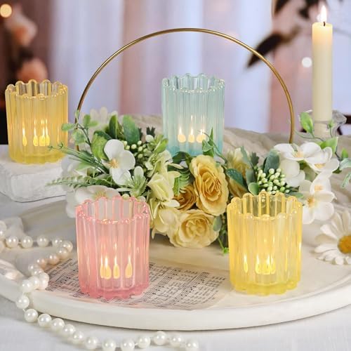 12PCS Glass Pink Votive Candle Holder, Blue Ribbed Votive Candle Holders - Image 4