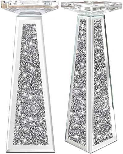 Wocred 2 Piece Candlestick Holders for Holding Pillar Candles, Crystal Crushed Diamond Candle Holders Set Decor for Dinning Room, Silver Glass Votive Candle Holders for Table Centerpiece(12”) - Image 2