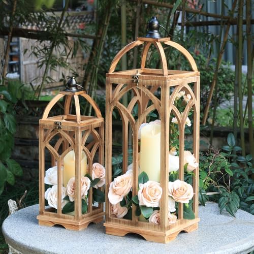 Large Farmhouse Wooden Lantern Decorative Indoor & Outdoor,30‘’/20‘’H Set of 2 Rustic Hanging Candle Lanterns, Wooden Outdoor Lanterns for Patio Front Porch Table, Natural Wood - Image 4