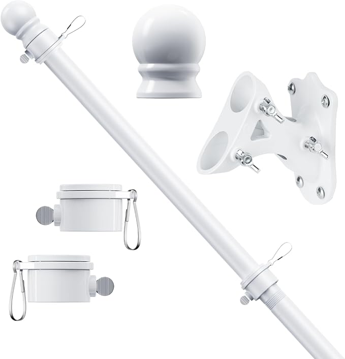 5 FT Flag Pole Kit, Tangle Free Spinning Weather Resistant Rustproof Stainless Steel Flagpole with Base for 3x5 Sports Flag 1" Dia Flag Pole Holder for Outside House, Wall (White)