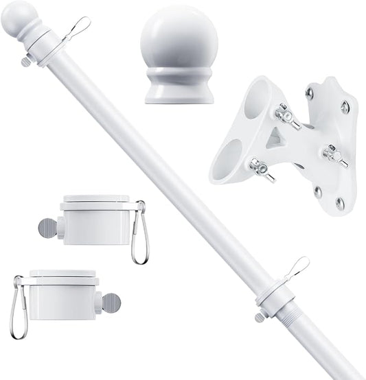 5 FT Flag Pole Kit, Tangle Free Spinning Weather Resistant Rustproof Stainless Steel Flagpole with Base for 3x5 Sports Flag 1" Dia Flag Pole Holder for Outside House, Wall (White)
