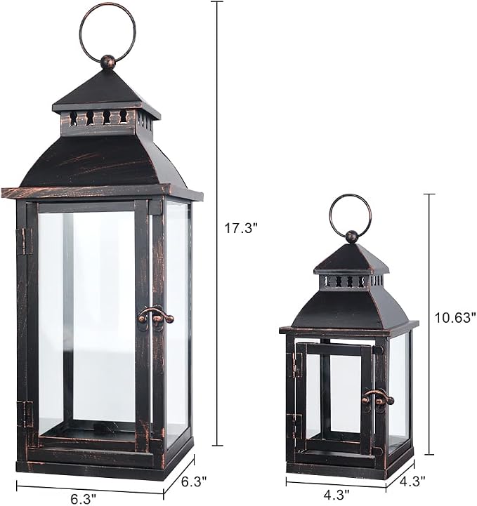 NEEDOMO Lanterns Decorative Outdoor&Indoor, Set of 2 Large Bronze Metal Lantern Decor with Glass, Candle Holder for Porch, Patio, Garden, Balcony, Wedding, Table Centerpiece Decor with LED Candles