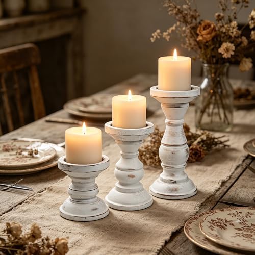 Wood Candle Holder for Pillar Candle Set of 3, Farmhouse Candle Holder Decor, Rustic Wooden Candle Stand, Vintage Tall Candle Stand Decorative for Living Room, Table Centerpiece,Rustic White - Image 5