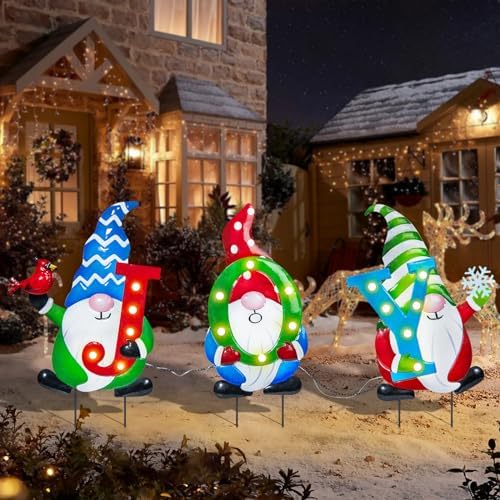 Afirst Christmas Yard Stakes Metal Christmas Outdoor Yard Decoration Gnomes Holding Joy Lighted Metal Stakes Outdoor Xmas Stake Lawn Pathway Garden Decoration by Afirst
