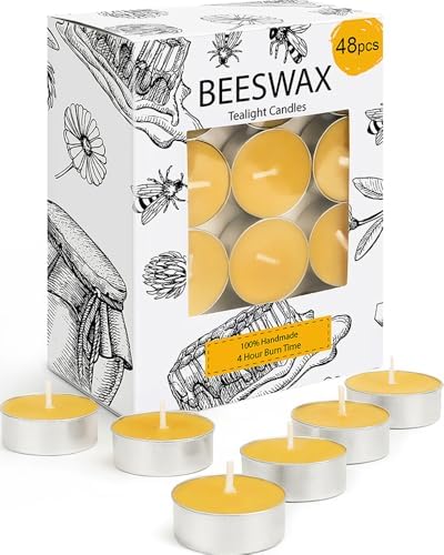 Beeswax Tealight Candles 48 Pack, 4 Hour Burn Natural Tea Candle by MOSROAD