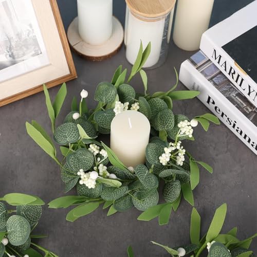 4 Pcs Green Artificial Eucalyptus Candle Rings Wreaths Mini Green Kitchen Cabinet Wreath Table Centerpieces Spring Summer with White Berry for Pillars Farmhouse Porch Front Door Wedding Decor - Image 2