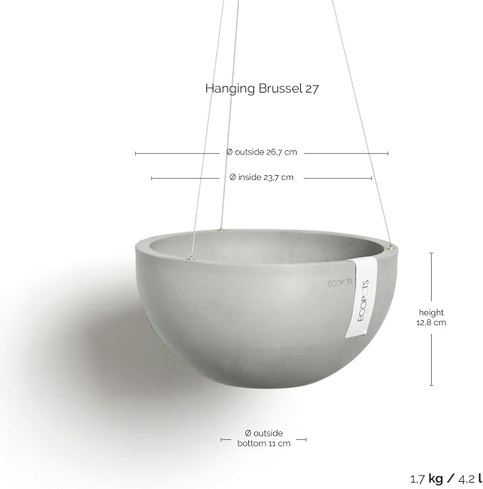 Ecopots Hanging Brussels Durable Modern Round Indoor/Outdoor Recycled-Based Composite Flower Pot Planter, White Grey, 10.5"