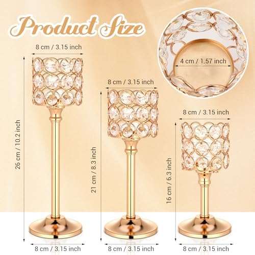 Mumufy 6 Pieces Crystal Candle Holders Set 3 Sizes Tall Crystal Wedding Candlestick Holders Pillar Candelabra Stand for Table Centerpieces for Christmas Party Wedding Dining Decoration (Gold) - Image 2