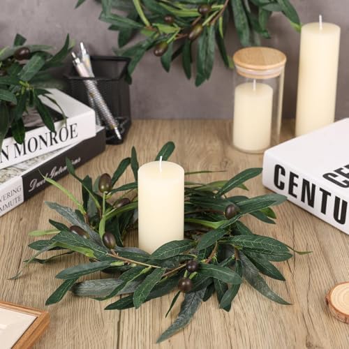 8 Pcs Summer Olive Candle Rings Wreaths Artificial Greenery Wreath with Olive Leaves Spring Summer Wreath for Pillars Farmhouse Festival Kitchen Cabinet Celebrations Tabletop Decoration - Image 2