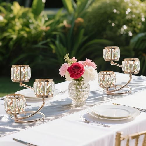 Metal 3 Arm Crystal Candle Holder - Tea Light Centerpiece Candle Holder, Votive Holder with Sparkling Crystal Bowl, Suitable for Wedding, Table Centerpiece, Home Decor (1, 3 arm-Gold) - Image 5