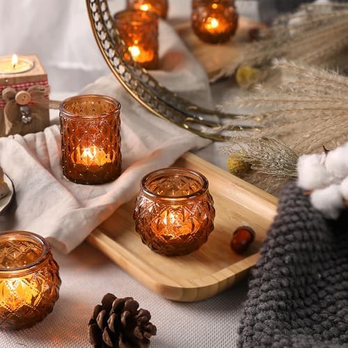 DARJEN Amber Votive Candle Holders Set of 24- Round Candle Holders Bulk, Glass Candle Holder for Vintage Decoration, Tea Lights Candle Holders for Wedding Home Party & Gift - Image 3