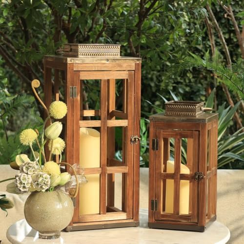 Large Farmhouse Wooden Metal Lantern Set of 2, 28''/20'' H Rustic Decorative Indoor & Outdoor Hanging Candle Lanterns, Wooden Outdoor Lanterns for Patio Front Porch Table, Dark Brown - Image 5
