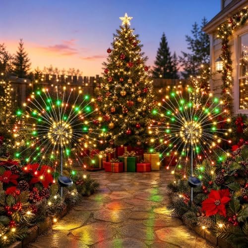 Solar Firework Lights, 2 Pack 120 LEDs 8 Lighting Modes Twinkle Solar Garden Lights Outdoor Waterproof for Yard Patio Walkway Pathway Party Wedding Christmas Decorative- Green Warm & Red by Fairdeer
